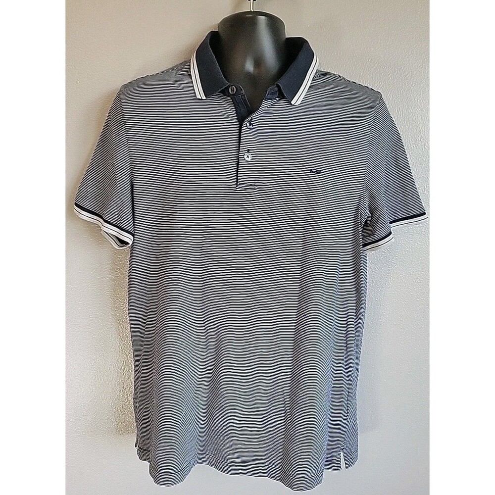 Michael Kors Polo Shirt Mens Large Blue/Gray Embroidered MK Logo Contrast Collar